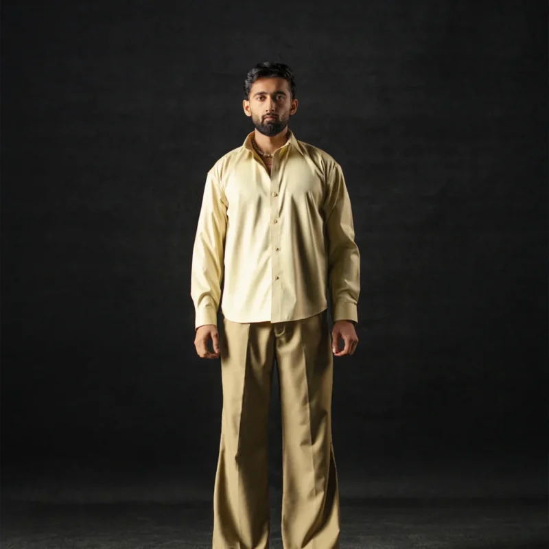 LATTE DRESS SHIRT & VERDANT OLIVE BOOT LEG PANTS